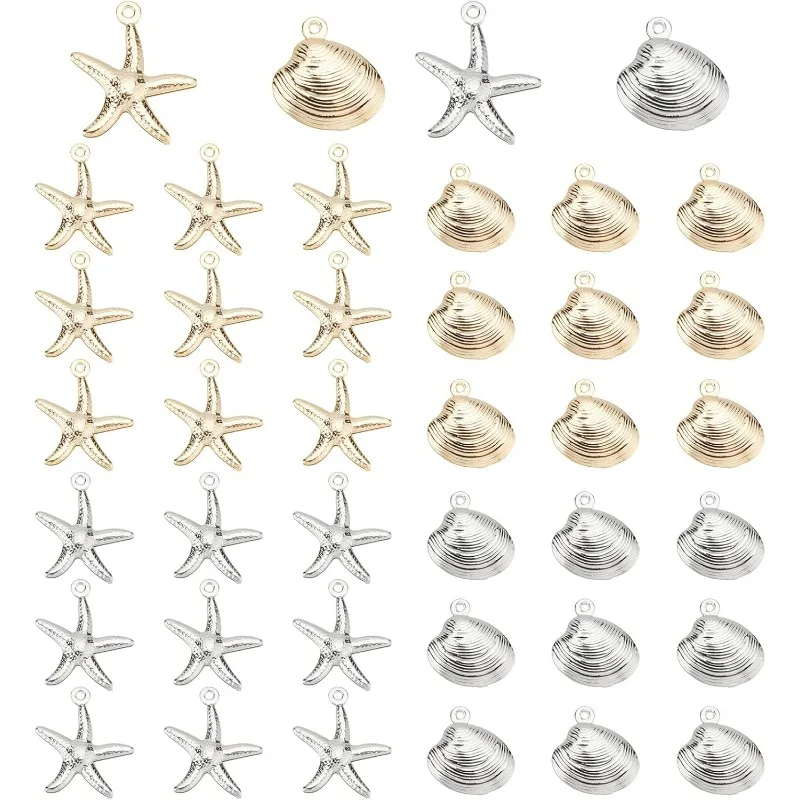 Starfish Shell Charms 40pcs Sea Scallop Metal Charms Pendants Ocean Seashell Dangle Charms Beads for Beach Summer Hawaii