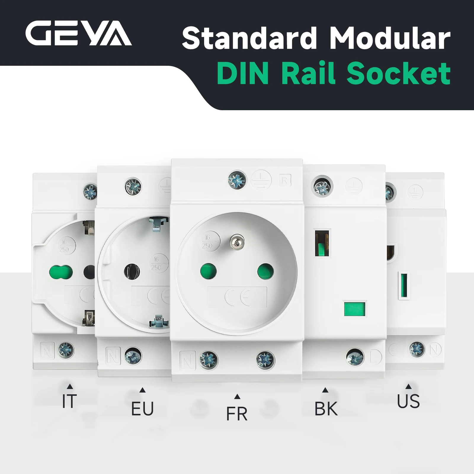 GEYA Recessed Din Rail Modular Socket for Distribution Cabinet Counter Contact Protection Plug UK US EU Standard Socket 16A 250V