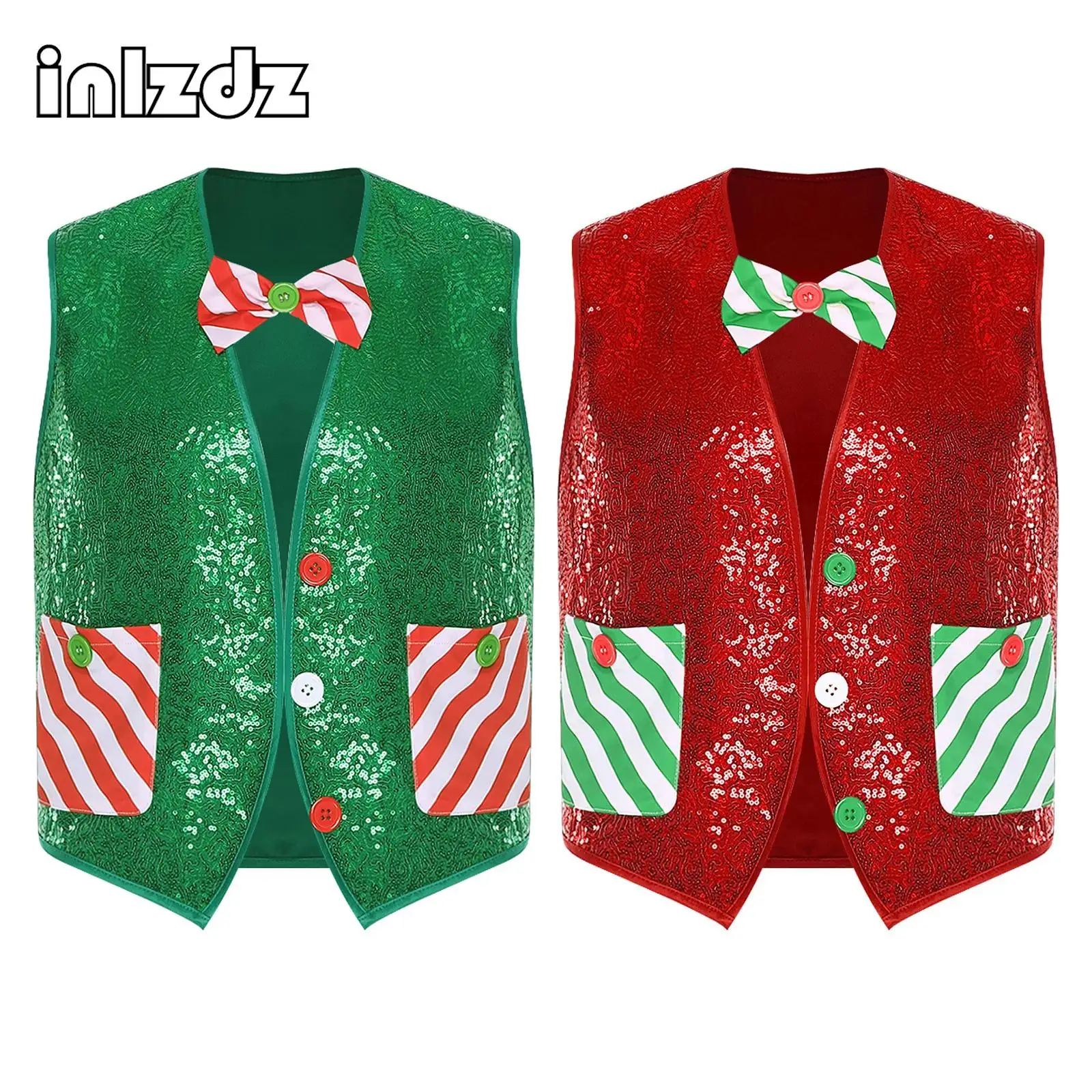 

Mens Christmas Elf Vest Cosplay Theme Party Costume New Year Party Top Sleeveless Open Front Shiny Sequins Waistcoat with Bowtie