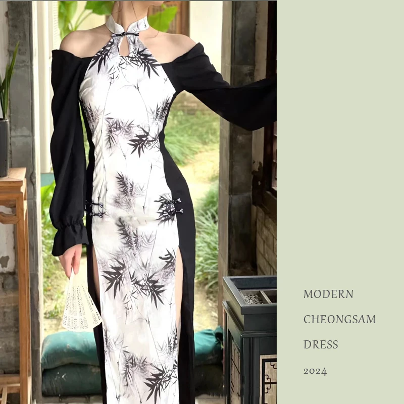 Modern Cheongsam Dress Women Sexy Qipao Summer Oriental Elegant Black White Off Shoulder Bamboo Printed Halter Stitching Sleeve