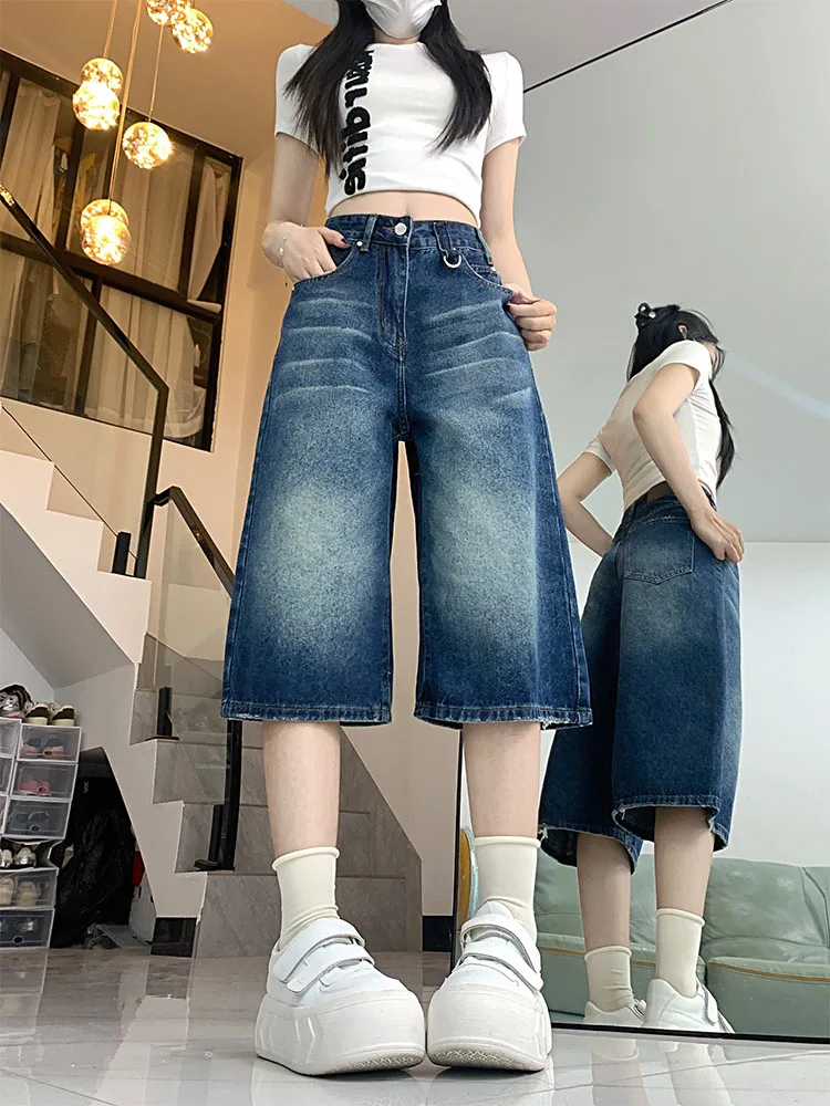 Pantaloni a vita alta in denim vestibilità ampia da donna American Sle Summer Faion plus Size Pantaloni a gamba larga da sette piedi