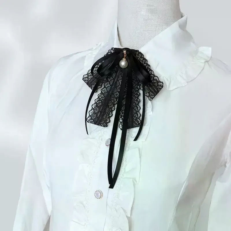 Fashion Black Lace Ribbon Bow Tie Pearl Pendant Brooch Women Shirt Collar Clothes Necktie Decoration Accessories
