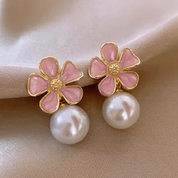 Pink Enamel Oil Flower Drop Earrings Elegant Imitation Pearl Dangle Earrings for Women Wedding Party Cute Korean Jewelry Gift