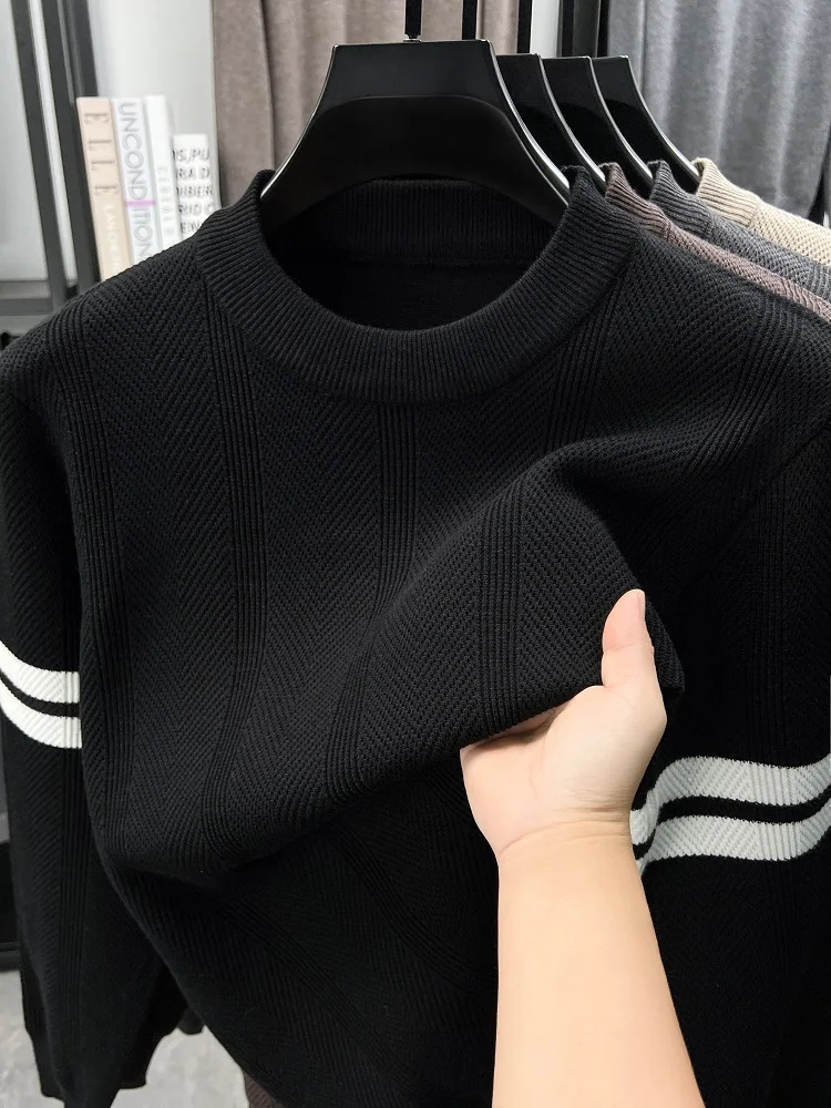 

Fashion jacquard knitted sweater high quality brand striped soft comfort warm pullover new trend casual round neck men's wear