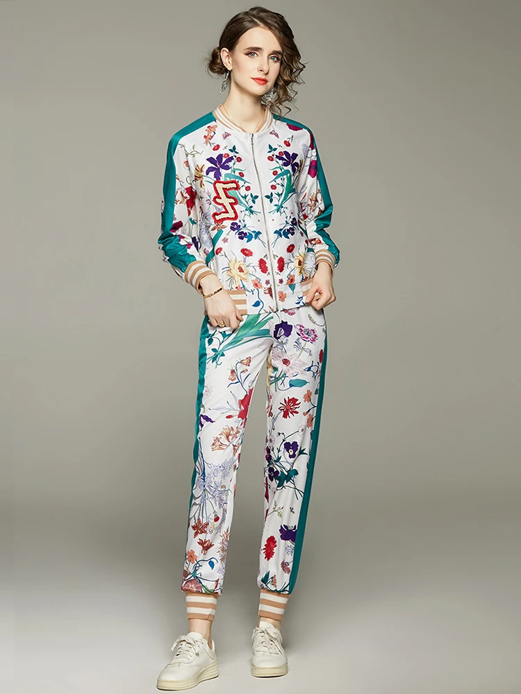 Designer Autumn Overlay Flower Print Pants Set Women Long Sleeve zipper Top＋ High Waist Long Pants Runway 2 Piece Set