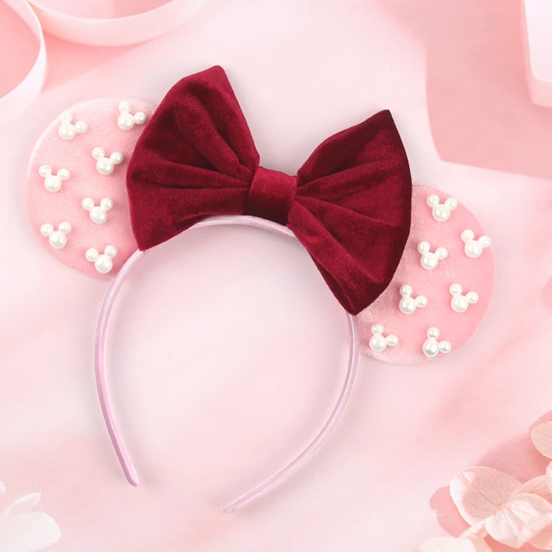 Pearls 3.3"Mouse Ears Headband 5‘’ Velvet Bow Hairband For Girls Festival Party Cosplay DIY Hair Accessories Women Gifts image 5