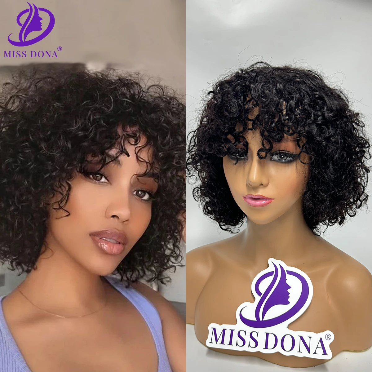 

MissDona Colorful Curly Bob Wigs with Bangs Water Wave Human Hair Wig Machine Made Brazilian Human Hair Wigs 12 inch