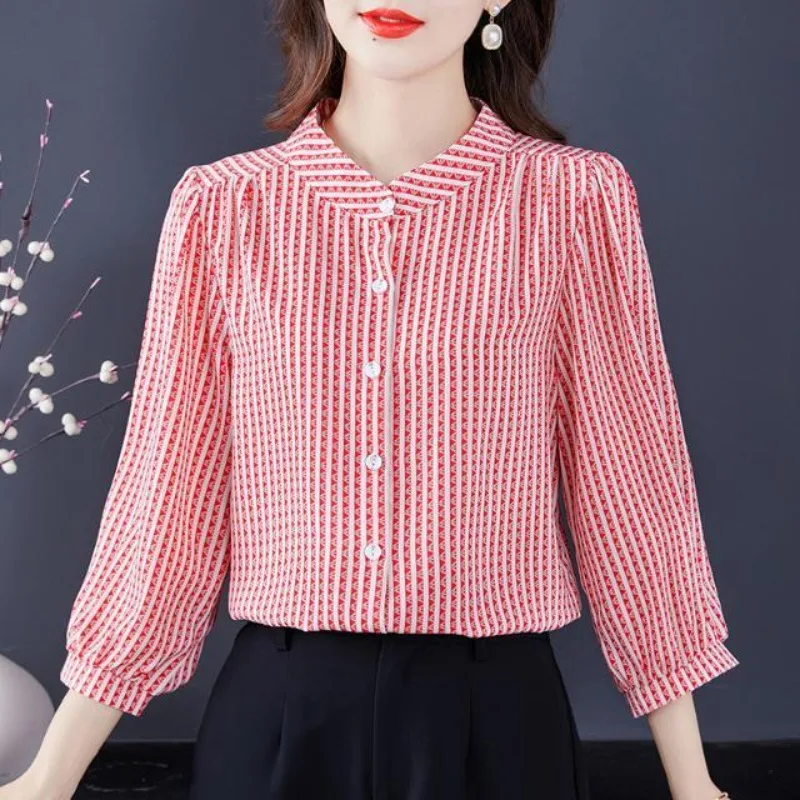 Round Neck Spring Autumn Lantern Long Sleeve Pullover Plaid Button Women\'s Clothing Contrast Color Shirt Flattering Elegant Tops