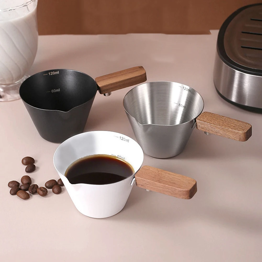 Stainless Steel Espresso Measuring Cup with Integrated Scale and Ergonomic Handle for Consistent Shot Dosing and Smooth Pouring