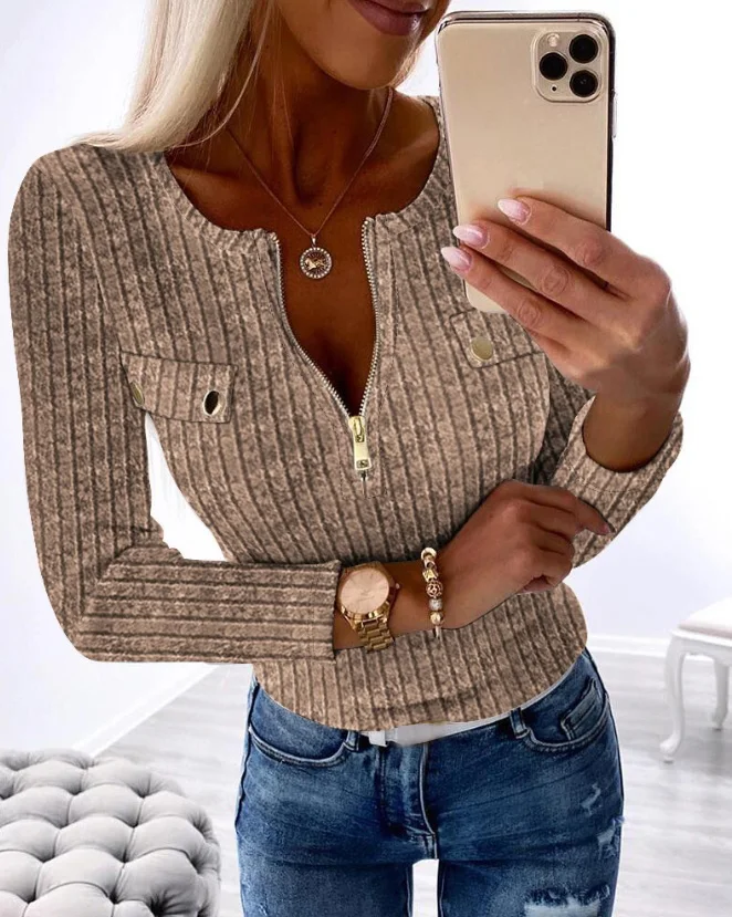 

Women Commuter Blouse Top Round Neck Zipper Design Ribbon Top 2024 Spring/summer Latest Button Long Sleeves Skinny Daily T-Shirt