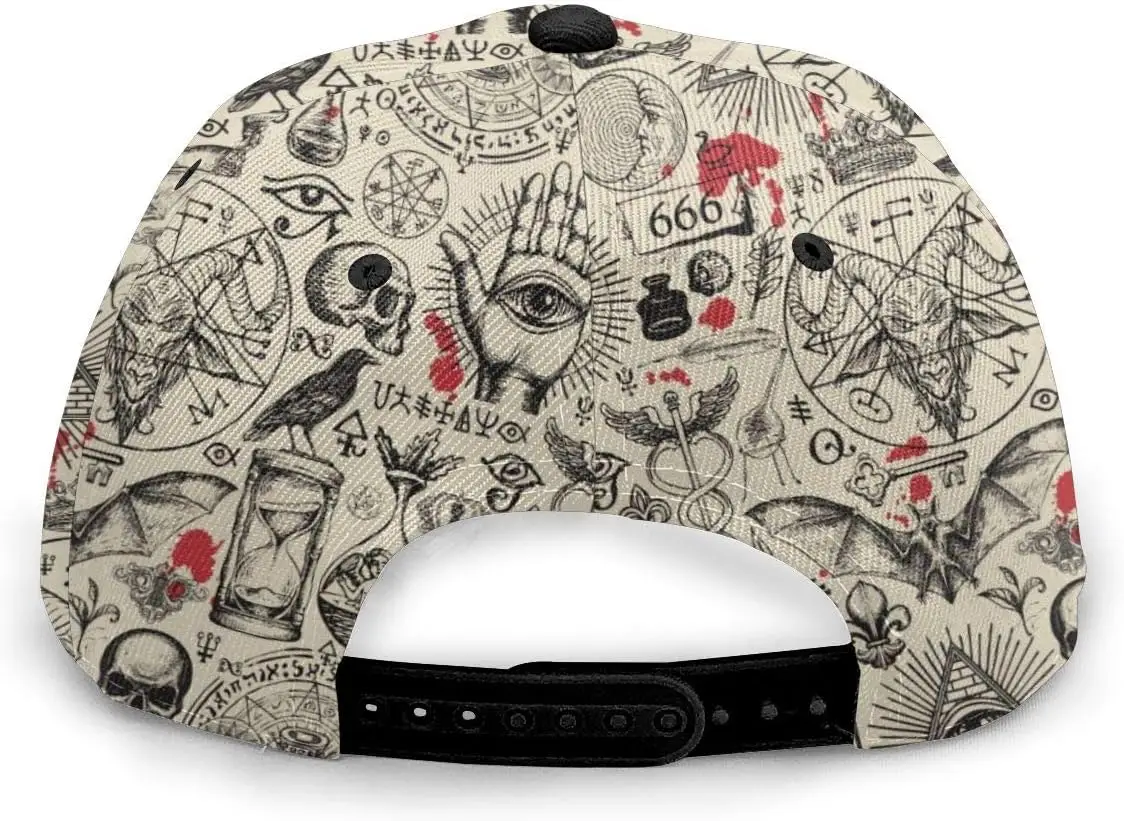 Abstract Pattern On Occult Theme Flat Bill Brim Cap, Cool Hip Hop Trucker Hat Men Women Adjustable Baseball Caps