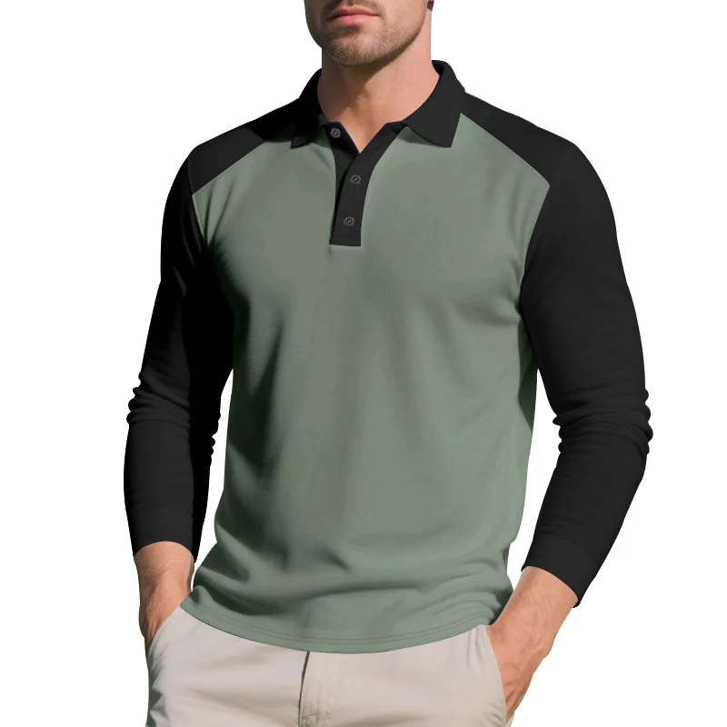 

Men's American Style Polo Shirt for Fall&Winter Color-Block Casual Golf Long-Sleeve T-Shirt Business Casual Top Men's Clothing