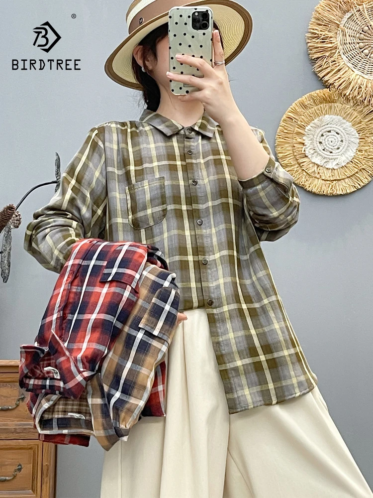 

New 2025 Autumn Cotton Yarn Long Sleeve Shirt, Women Turn-down Collar Plaid, Mori Girl Fashion Commute Loose Blouse T59152CC