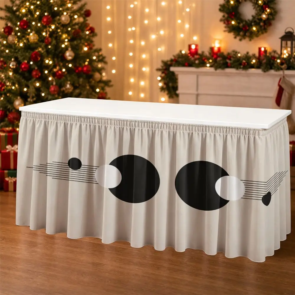 One-piece party table skirt decoration - Abstract geometric circular line pattern printed ruffled edge table skirt