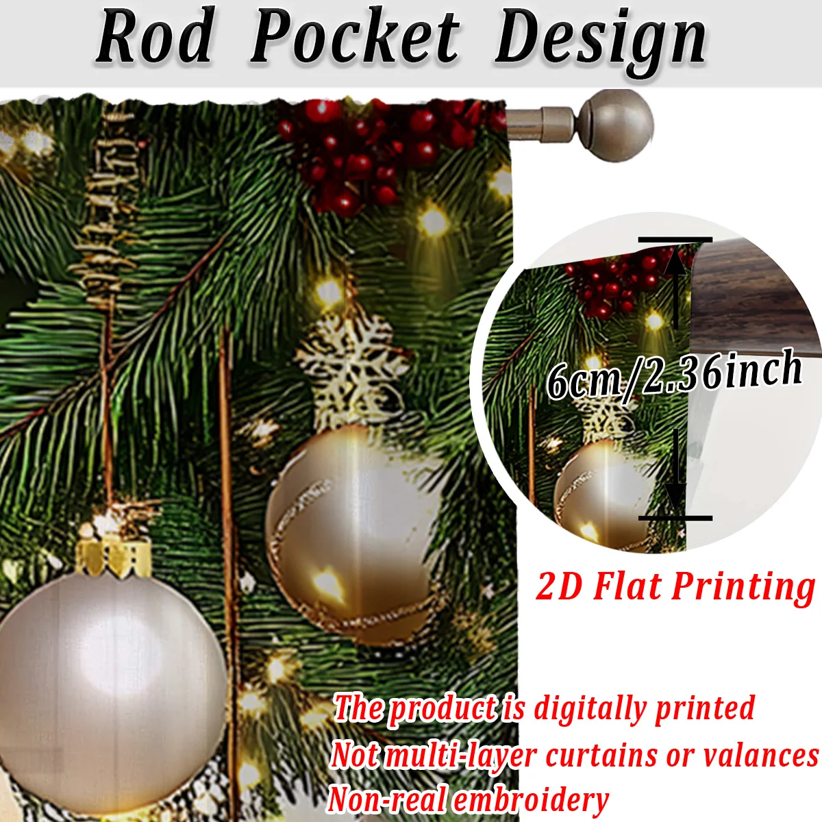 Christmas Flat Printing Sheer Curtain with Christmas Tree Bow Ornaments For Living Room Bedroom Decor Holiday Party Ambiance