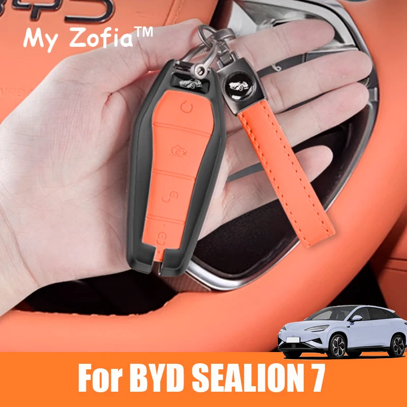 

For BYD Sealion 7 SeaLion 07 EV 2024 2025 2026 Car Zinc Alloy Leather Car Key Cover Case Bag Key Shell Buckle Accessories