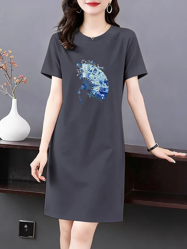 Summer New Style round Neck Midi Length Short Sleeve Loose Casual Pure Cotton Dress T-Shirt Fashionable Women's Clothing