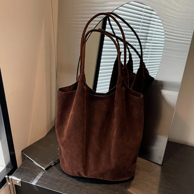 Wildleder Nähgarn Retro Damen Umhängetaschen Lässig Vielseitig Einfarbig Hohe Kapazität Handtasche Tote