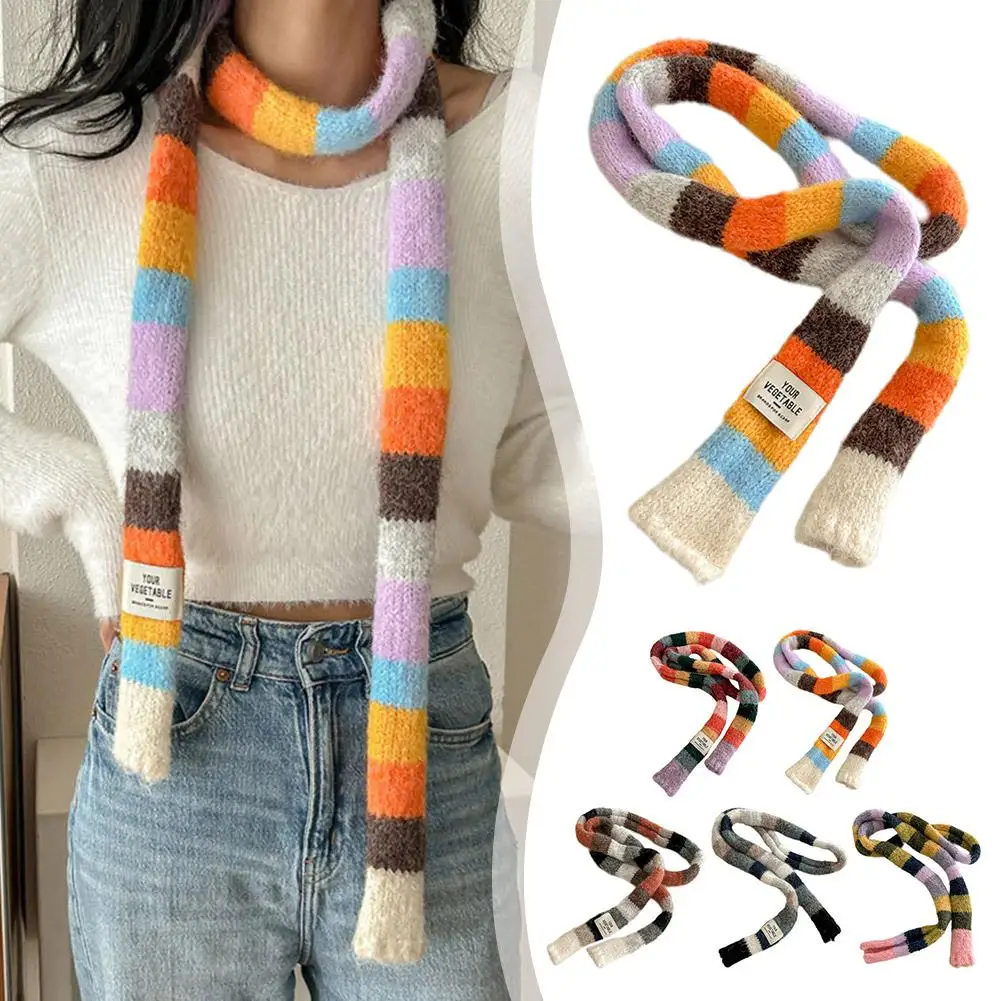 New Striped Scarf Knitted Wool With Warm Color Splicing Thin Scarf Sausage Narrow Scarves Long Winter Contrast Q8M4