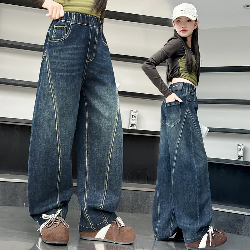 Street Style Kids Children Fashion Autumn Banana Curved Jeans for Tweens Girl Luxury Contrast Stitch Denim Pants Casual Trousers