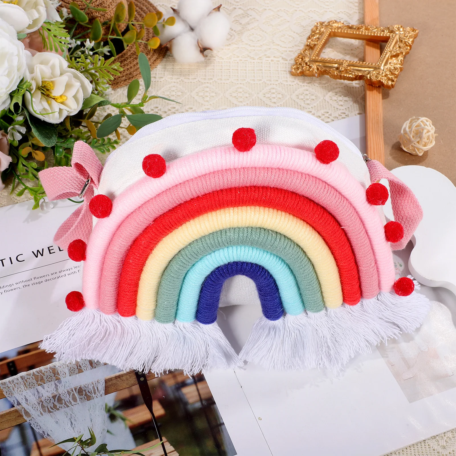 กระเป๋าเป้สะพายหลังลายรุ้ง กระเป๋าถือแบบสะพายข้าง สีแดง กระเป๋าเดินทาง ผ้าฝ้าย ลูกปัดไม้ น้ำหนักเบา พกพาสะดวก