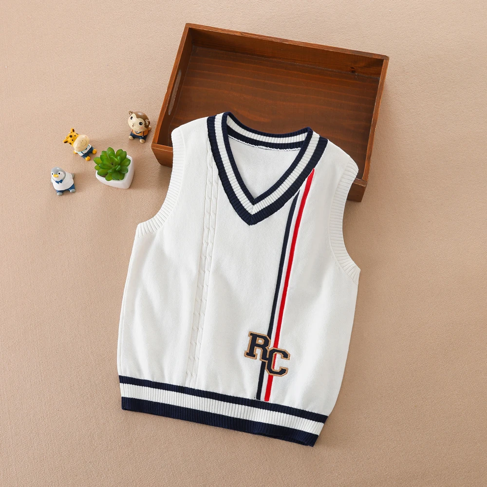 Boys V-neck Sweater Spring Autumn Sleeveless Cotton Stripe Vest Childrens Clothing For 4-12 Years Kids Waistcoat