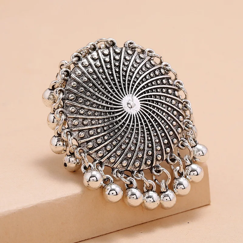 Ethnic Boho Silver Color Round Rings New Vintage Carved Beads Pendant Tassel Geometric Party Jewelry Gifts for Women