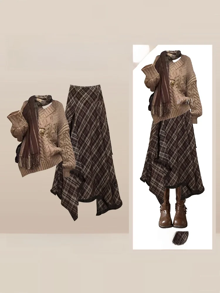 

Elegant V-Neck Sweater And Tassel Skirt Set Women's Loose Fit Winter Outfit Midi Plaid Skirt Long Sleeve Knitwear Two-Piece Set