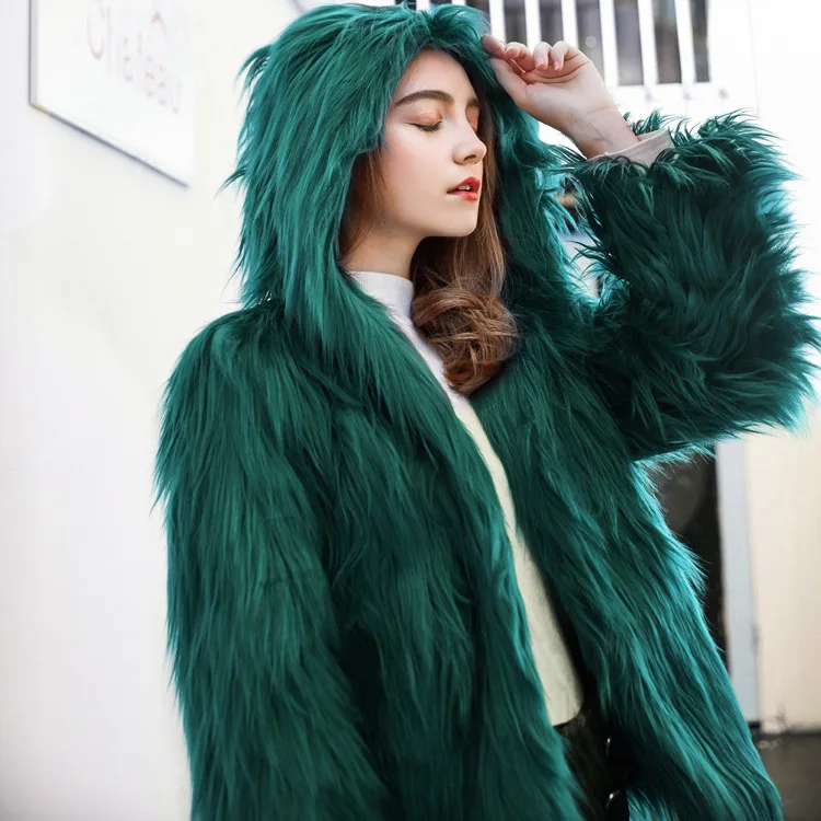 

Thick Warm Female Eco Fur Coat Winter Women's Faux Fur Coat Brightly Colored Fur Trim Hood Lady's Artificial Jacket Long
