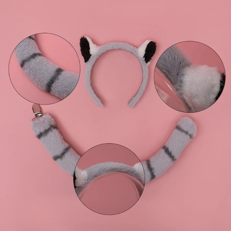 Furry Headwear Animal Lemur Ear Tail Set Cosplay Costume Hair Accessory