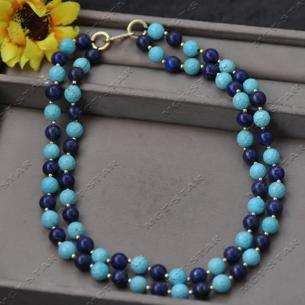 MTC·STAR 2row 20'' 10mm Blue Round Faceted Turquoise Lapis Lazuli Necklace (Z14598)