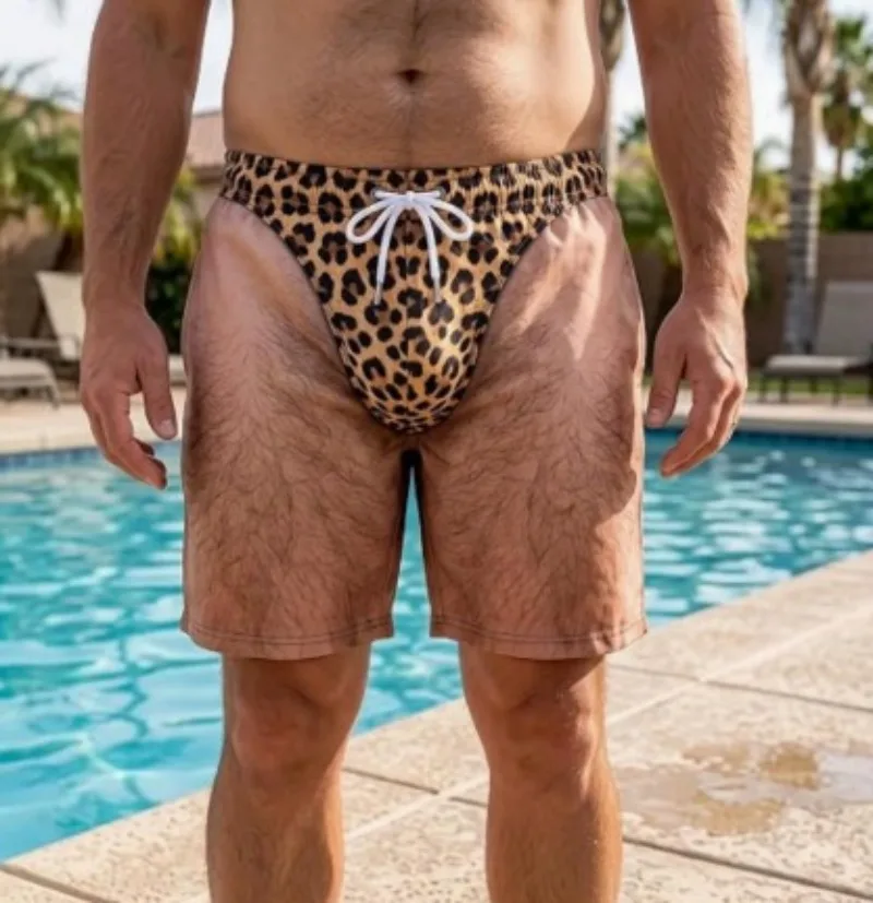 Novelty Prank Swim Trunks for Men Funny 3D Hairy Body Graphic Beach Shorts Sexy Leopard Print Fake Thong Briefs FamilyMatching