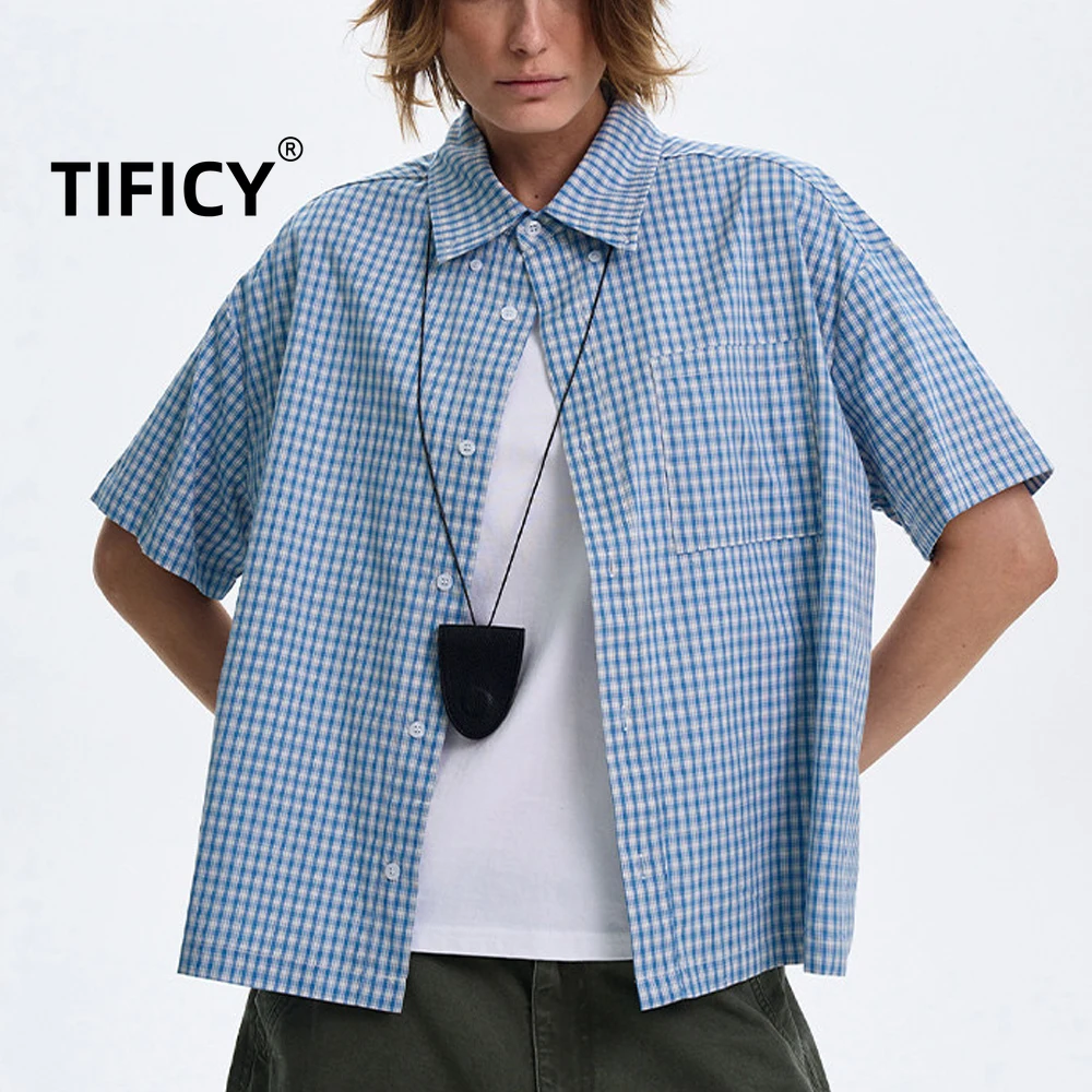 

High Street Повседневная клетчатая рубашка с короткими рукавами Мужская свободная универсальная клетчатая рубашка с короткими рукавами в стиле ретро Уличная одежда Топ