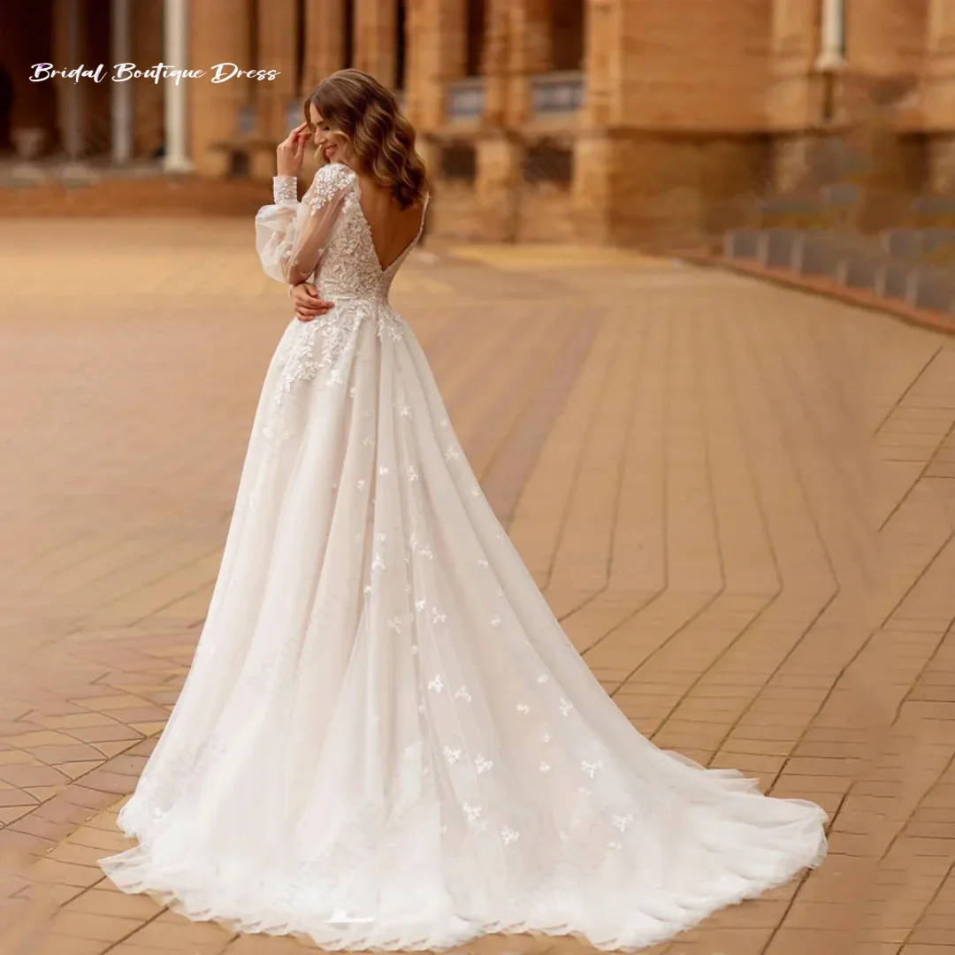 カスタムメイドのエレガントなAラインレースのウェディングパーティードレス、女性用パフスリーブチュールブライダルガウン、バックレスアップリケの花嫁ドレス