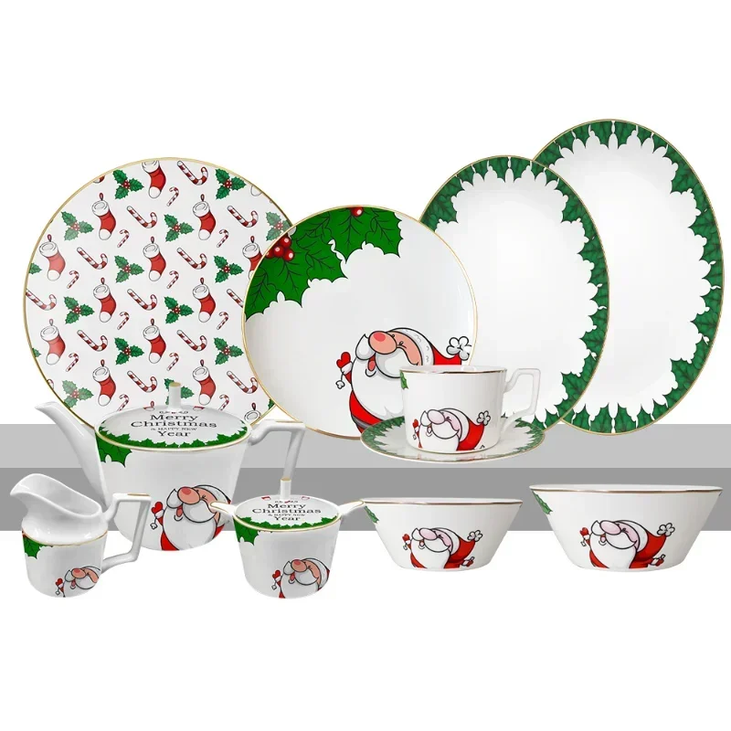 Christmas Atmosphere Hotel Household Bone China Western Food Dish Plate Set, Afternoon Tea Set Dim Sum Plate