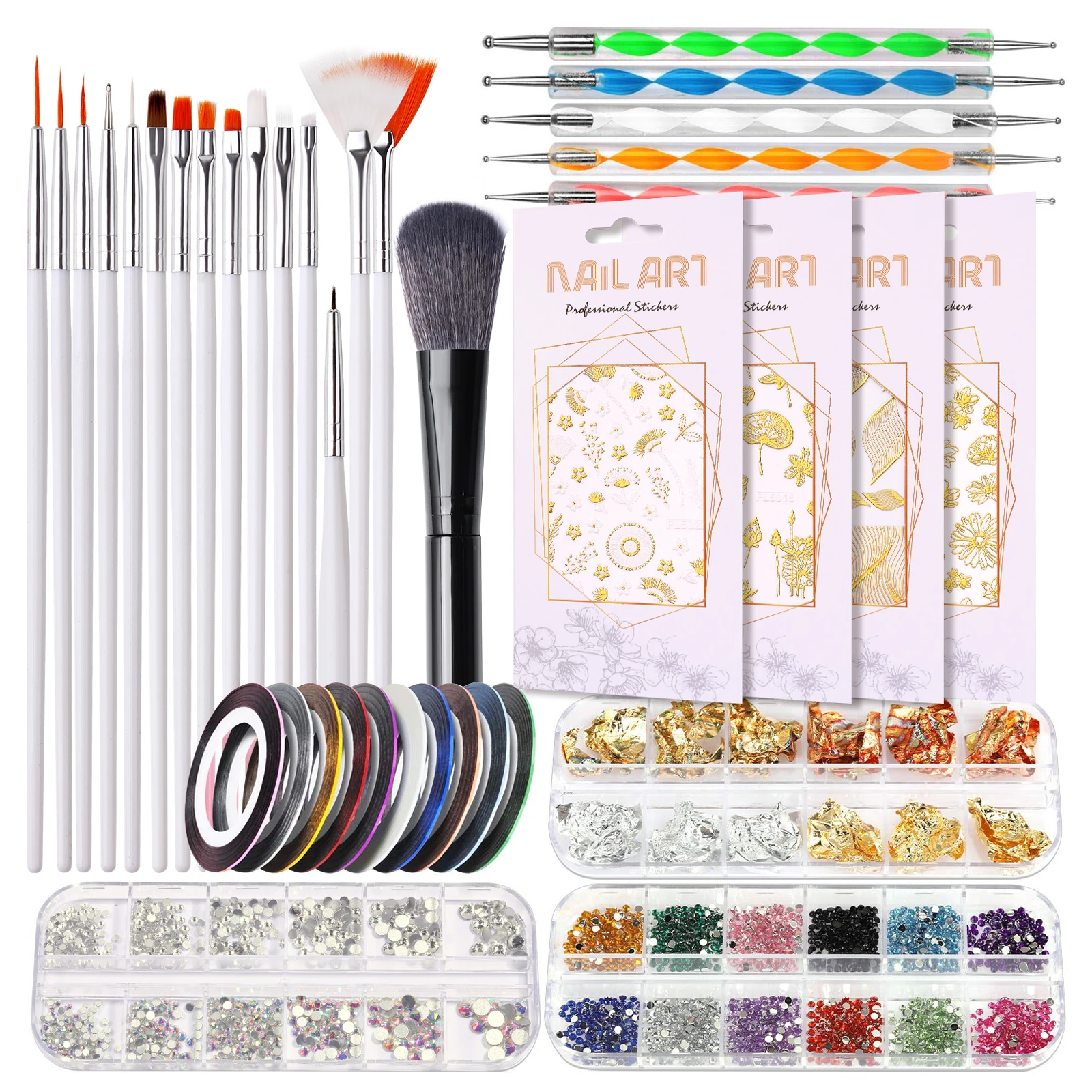 

CNHIDS Nail Set Kit 15pcs Nail Brushes With Manicure Tools Set Nail Sticker Sparkling Diamond Accessories Salon Decors