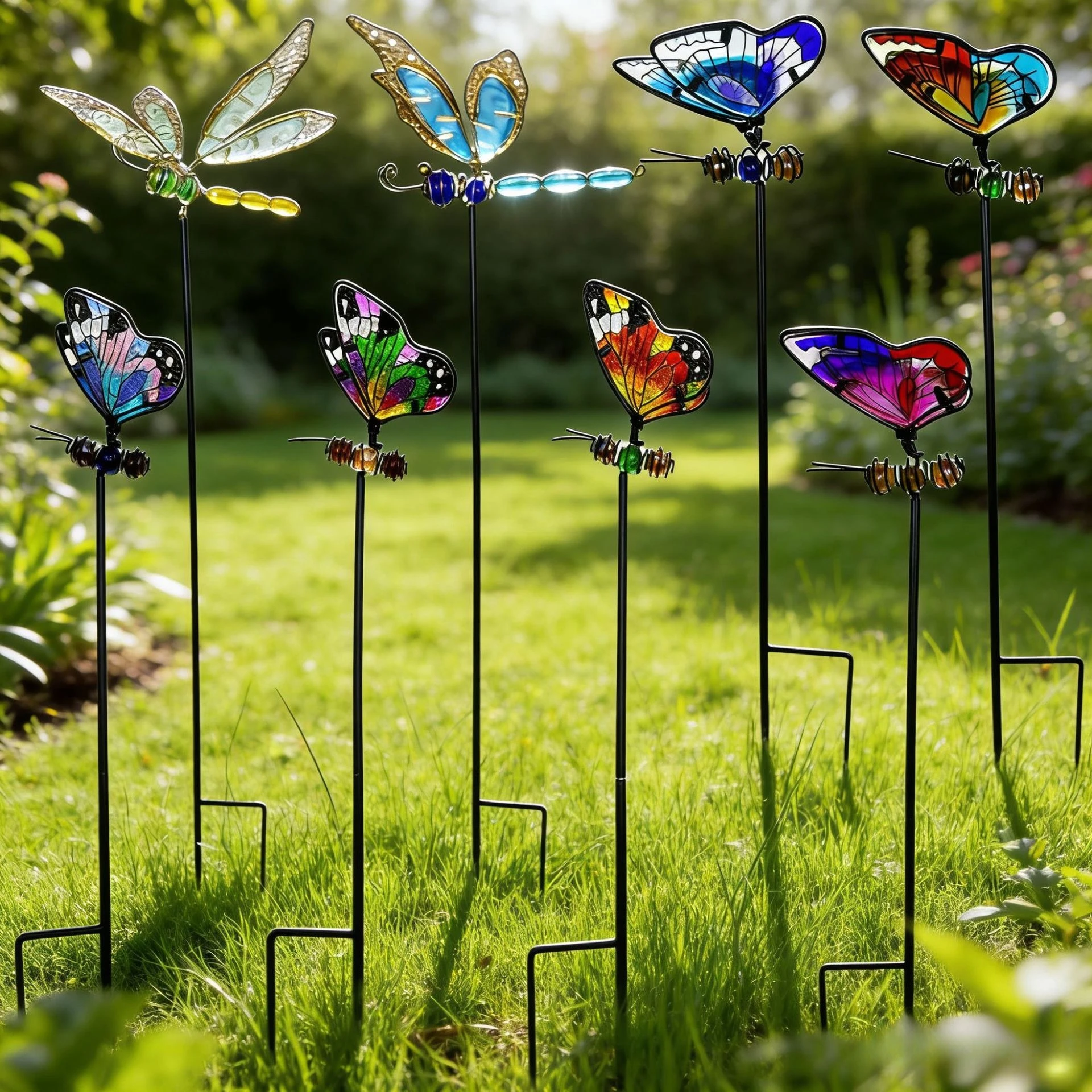 Metal Butterfly Dragonfly Garden Stake Stained Glass Yard Decor Outdoor Lawn Patio Flower Pot Pathway Hanging Ornament