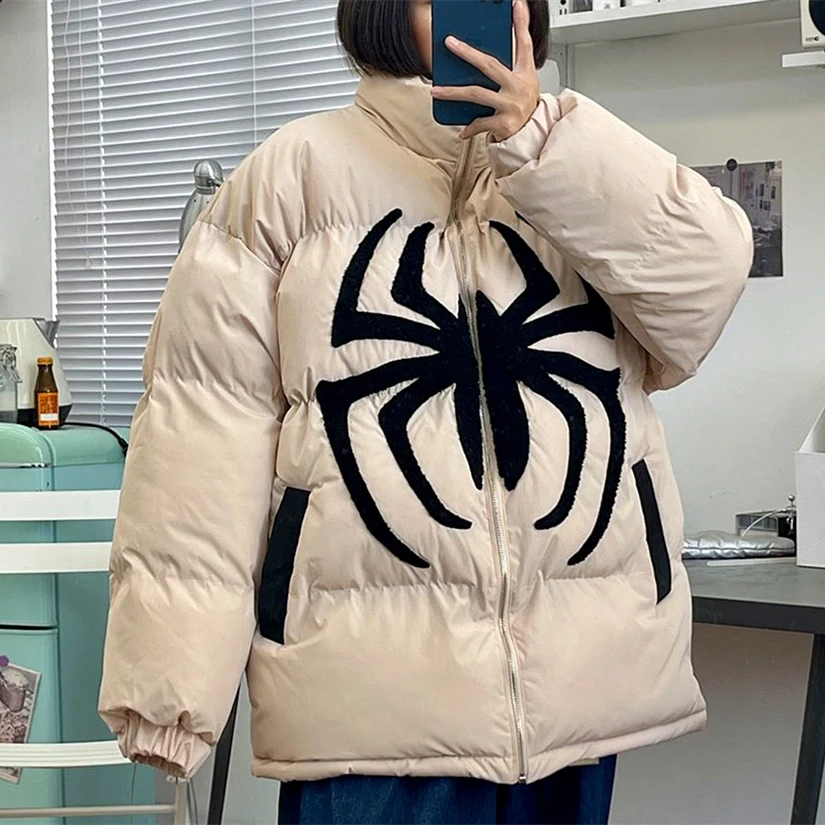 

Y2K Winter Parkas Men Harajuku Vintage High Street Spider Embroidery Thick Warm Padded Jackets Unisex Fashion Loose Bubble Coats