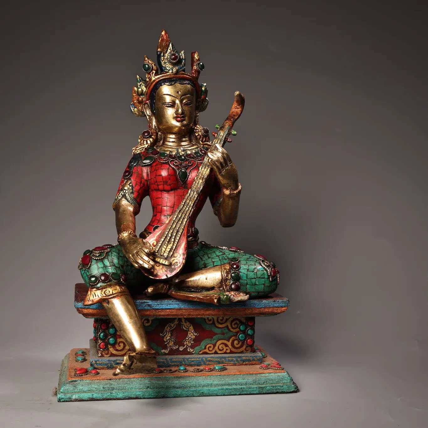 Copper Hand Painted Gem Inlaid Saraswati Buddha Figurine Heavy Patina Fine Craftsmanship