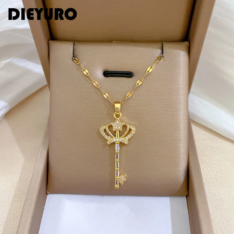 DIEYURO 316L Stainless Steel Crown Key Pendant Necklace For Women Girl New Fashion Clavicle Chain Jewelry Gift Party bijoux