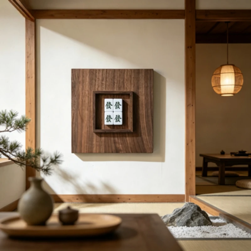 Mid‑Century Walnut Wood Mahjong Themed Wall Art Retro Fortune Decor Painting Dual‑Use Tabletop Display & Hanging Mural for Home