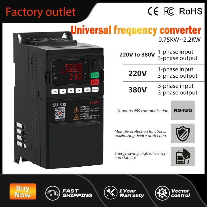 SU800 220Vto380V VFD0.75KW/1.5KW/2.2KW/3.7KW/5.5KW 1phase to3 phase output Variable Frequency Drive Motor Speed Control Inverter