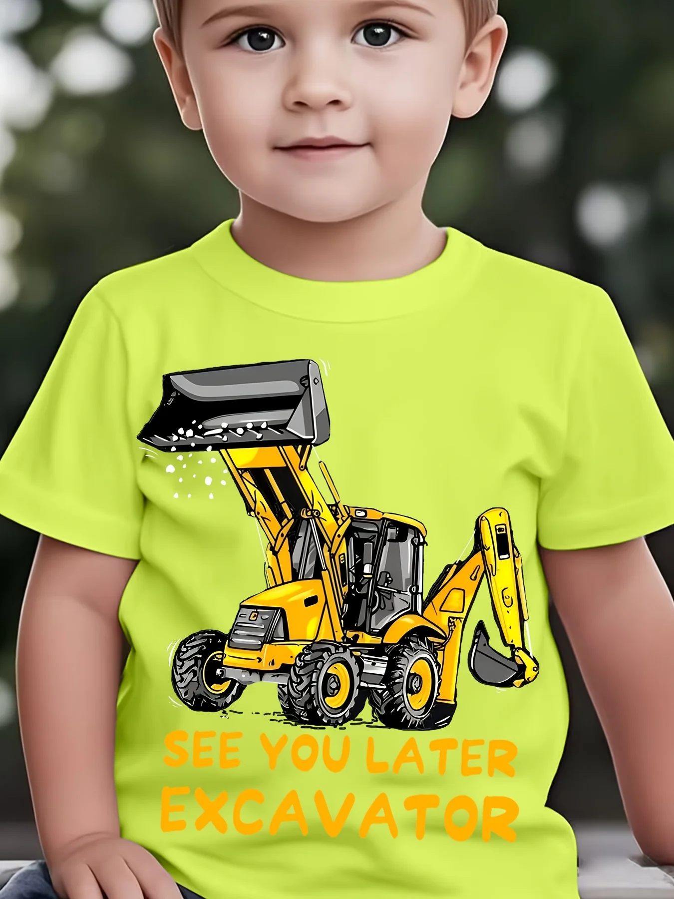 Unisex Kids Short Sleeve T-Shirt, Cartoon Excavator Print Crew Neck Soft Breathable Casual Summer Outdoor Daily Wear Top