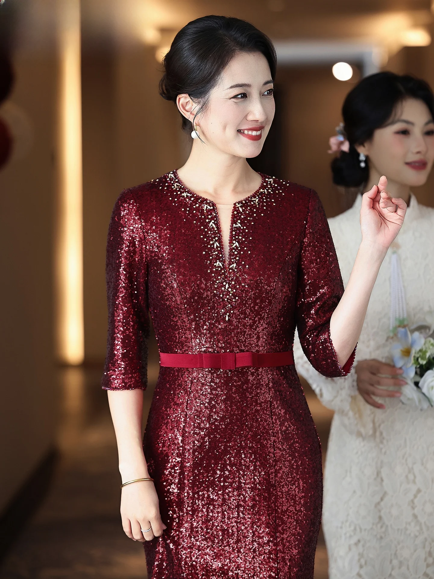 

Элегантное вечернее платье для молодой невесты с блестящими пайетками, приталенное, с завышенной талией, для свадебного банкета, повседневной носки, для мамы...