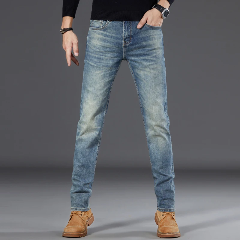 

Men's Straight Leg Jeans Thiened Nano Waed Vintage American Sle Winter Warm Faion Urban Casual mid Waist Zipper Fly