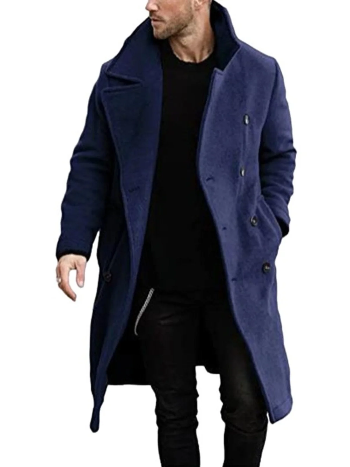 

Retro Faion Men's Thiened Woolen Coat Briti Sle Outerwear Youth Casual Winter Long Coat Double Breasted Straight Hem