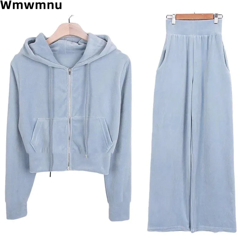 Pleuche Casual Slim Tracksuit Korea Hooded Sweatshirt Jackets Coats Tops Elastic High Waist Baggy Wide Leg Pants Two Piece Sets