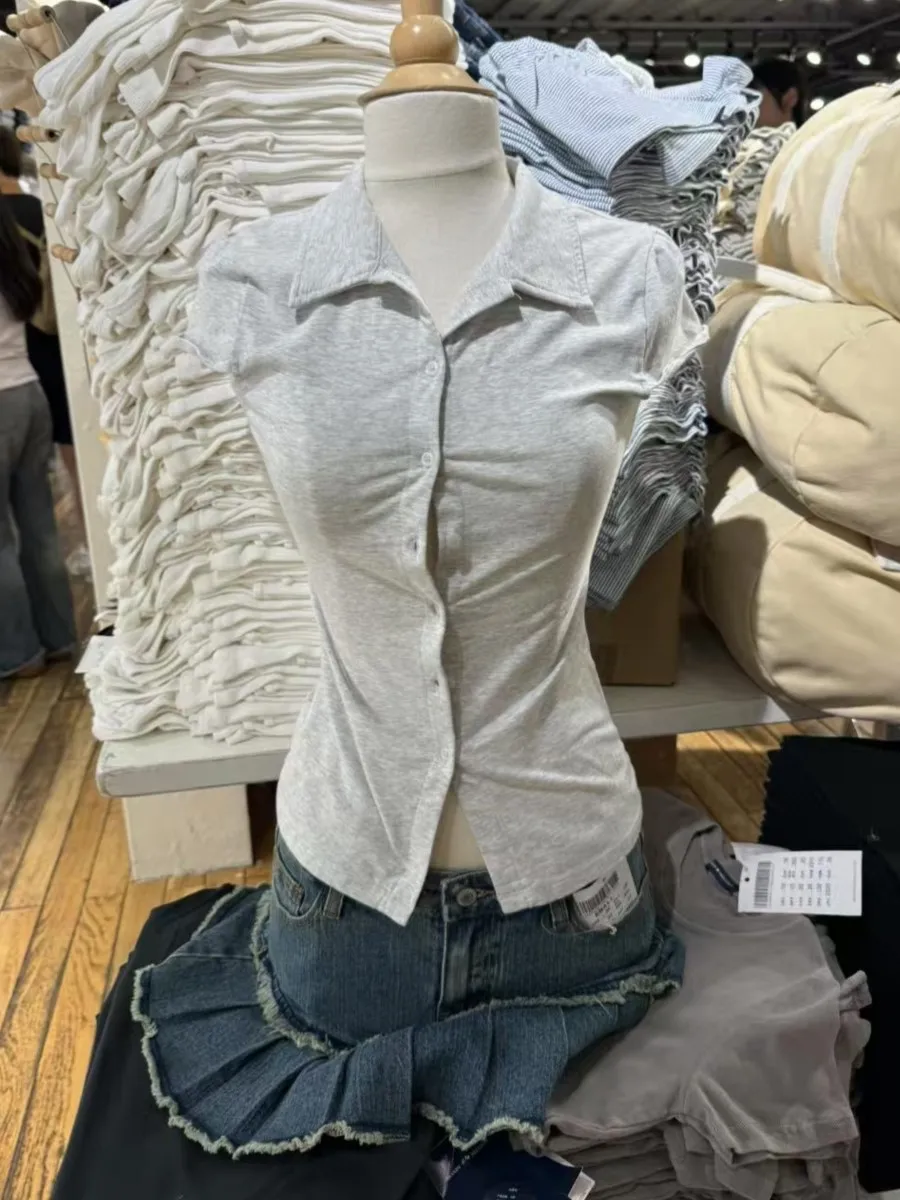 Simple Gray Cotton Soft Short Sleeve Tees Women Summer Turn Down Collar Preppy Style Tops Blouse Sweet Chic All-match T-shirts
