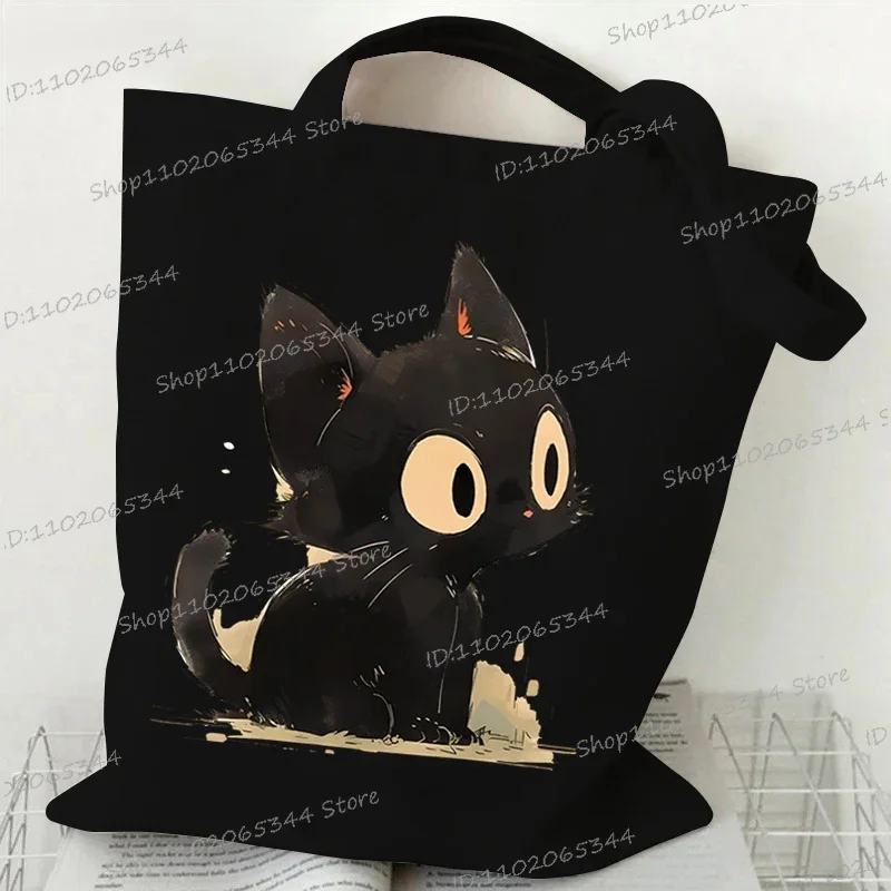 Canvas Tote Bag Anime Black Cat Print Shopping Bag Women Graphic Casual Fashion Teen Handbag Cartoon Kitten Side Bag for Ladies