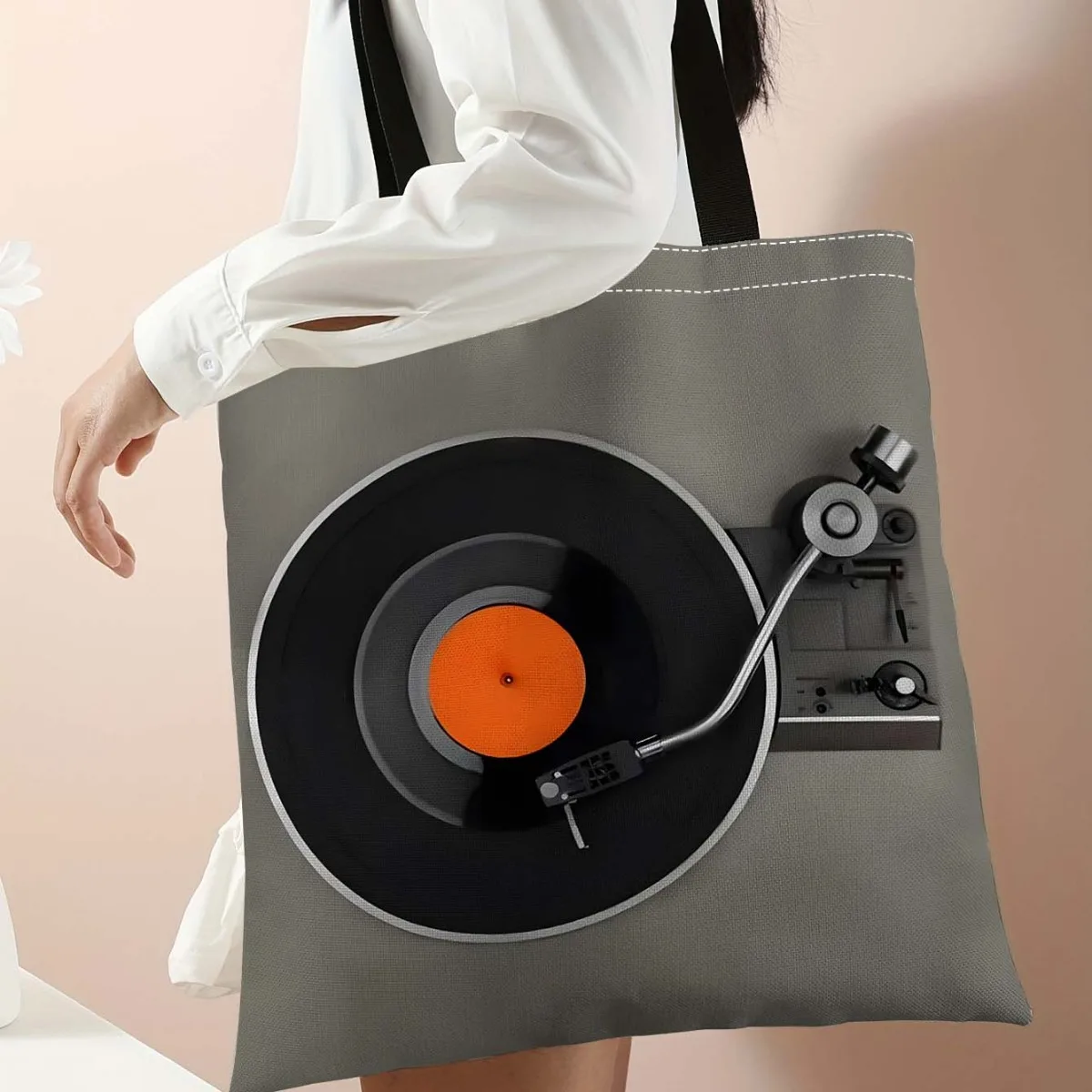 Classic Retro Design of a One-Piece Turntable Handbag with a Vinyl Record Theme Spacious Preferred Bag-Shaped Shopping Tote